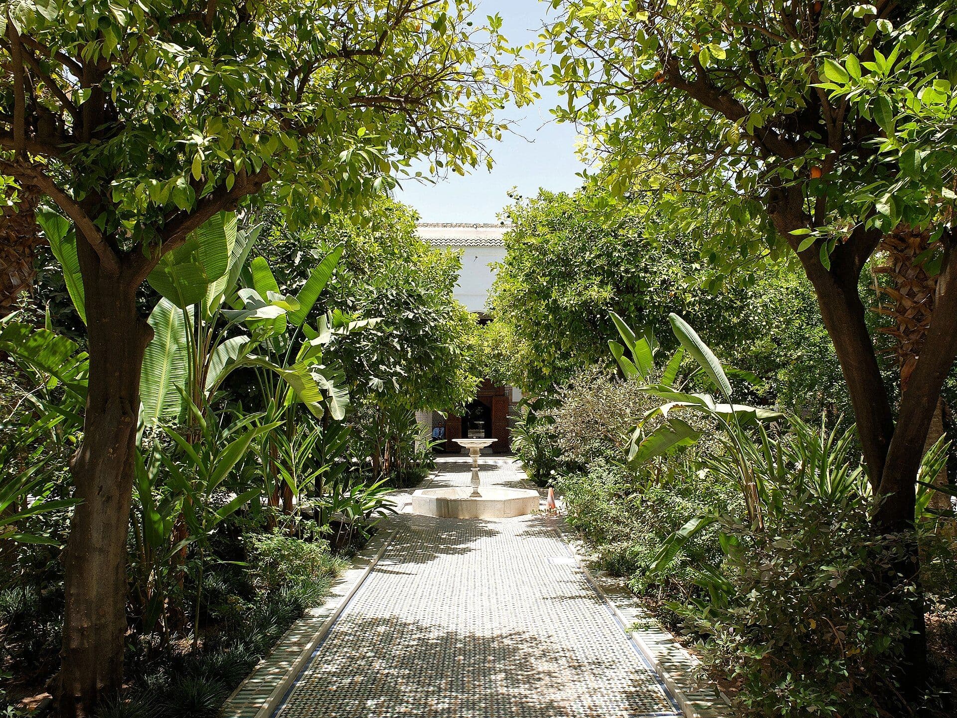 Een schaduwrijke binnenplaats van een riad in Marrakesh met sinaasappelbomen